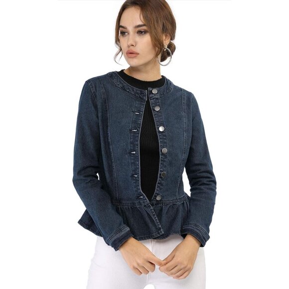 ✌️ 2/$40 ✌️ Collarless Button Down Cropped Ruffled Hem Jean Jacket sz M - Picture 2 of 4